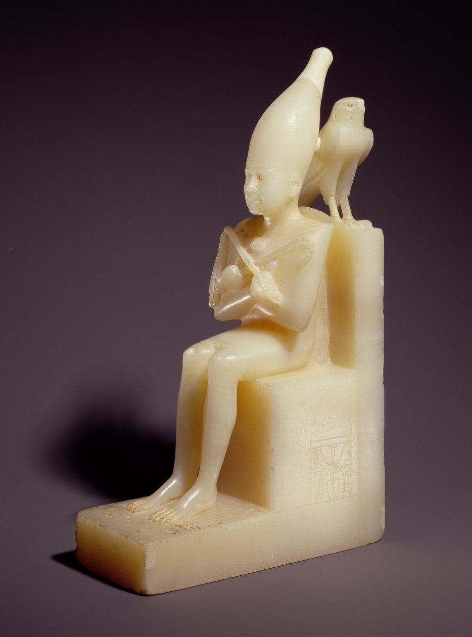 I. Pepi (i.e. 2289-2255) kis ülő szobra Horus Falconnal (alabástrom) alkotó: Old Kingdom Egyptian