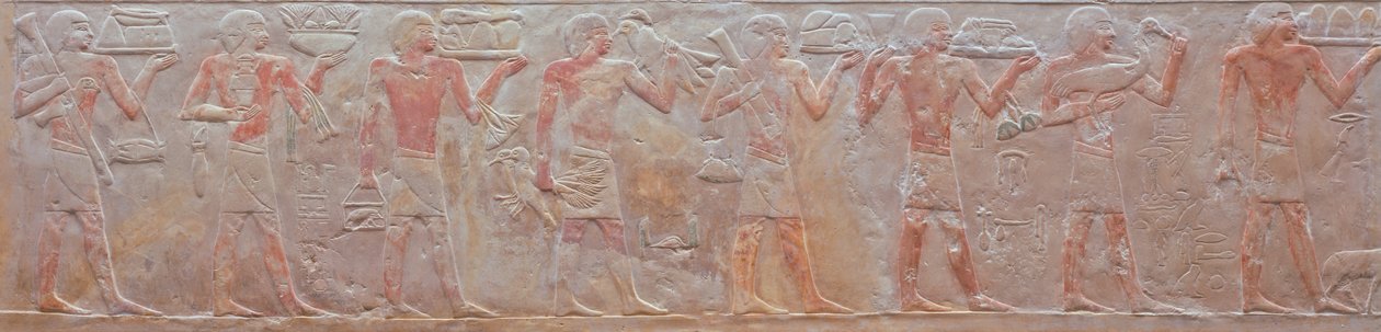 Az áldozathordozók körmenetének domborműve Ny-Ank-Nesut sírjából, ie 2575-2134 (festett mészkő) alkotó: Old Kingdom Egyptian