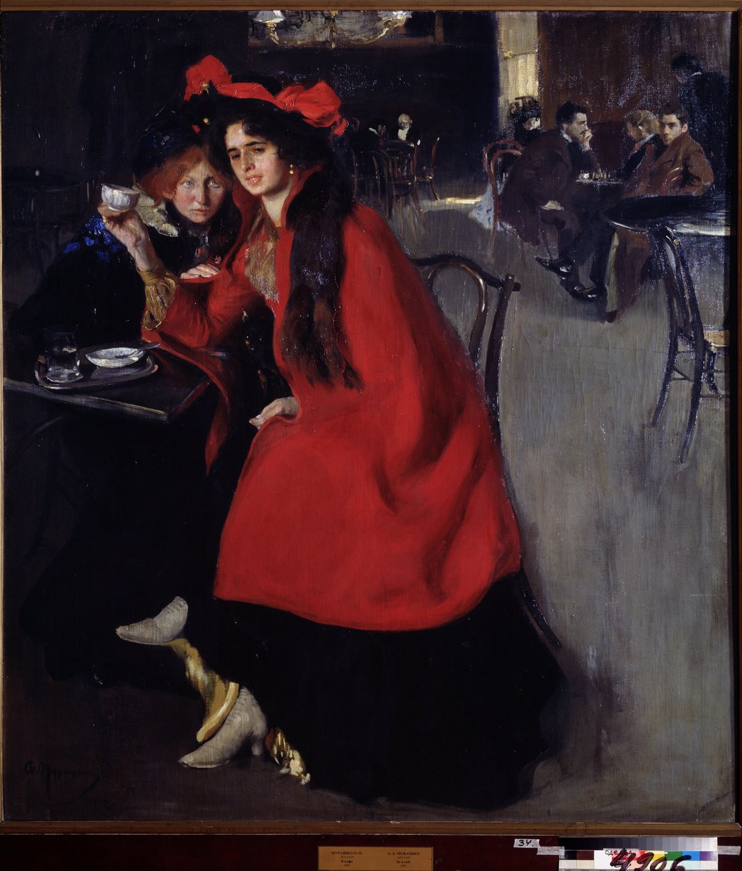Egy kávézóban (In a Cafe). Jelenet egy kávézóban valószínűleg Párizsban. Alekszandr Alekszandrovics Murashko (Alexander Murashko) (1875-1919) festménye, olaj, vászon alkotó: Oleksandr Murashko