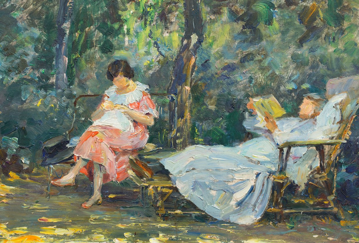 Olvasás és kötés a kertben (olaj a panelen) alkotó: Olga (1881 1941) Slomszynska