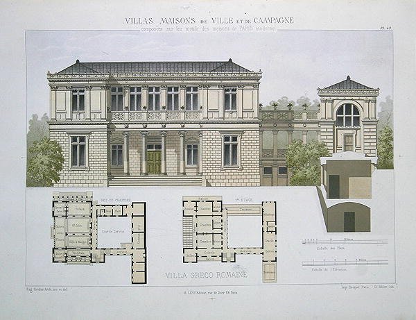 Villa Greco Romaine, Walter metszete, 49-es tábla a "Villas, Maisons de Ville et de Campagne"-ból, Paris (színes litho) alkotó: Olive (after)
