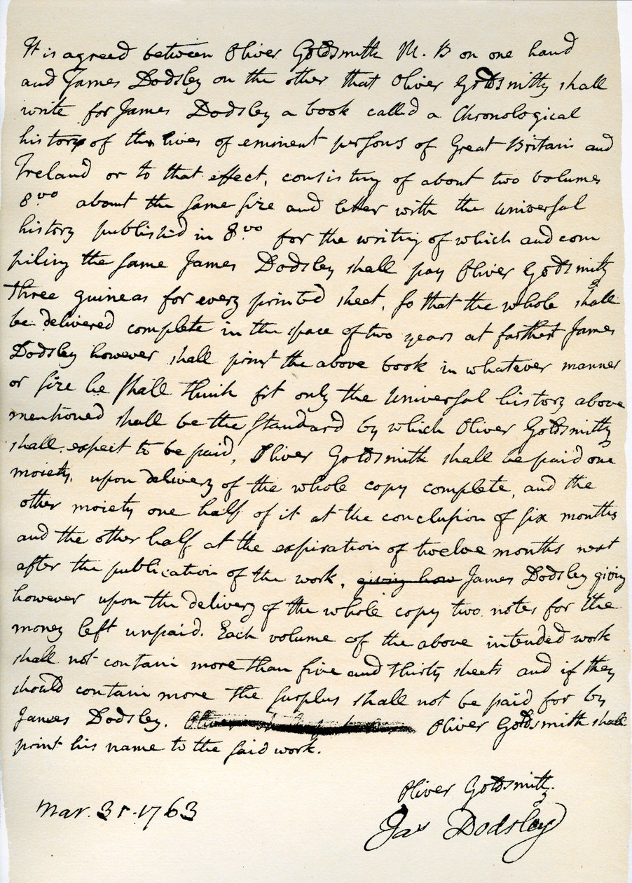 Oliver Goldsmith beleegyezése, hogy ír James Dodsley számára, 1763. március 31. alkotó: Oliver Goldsmith