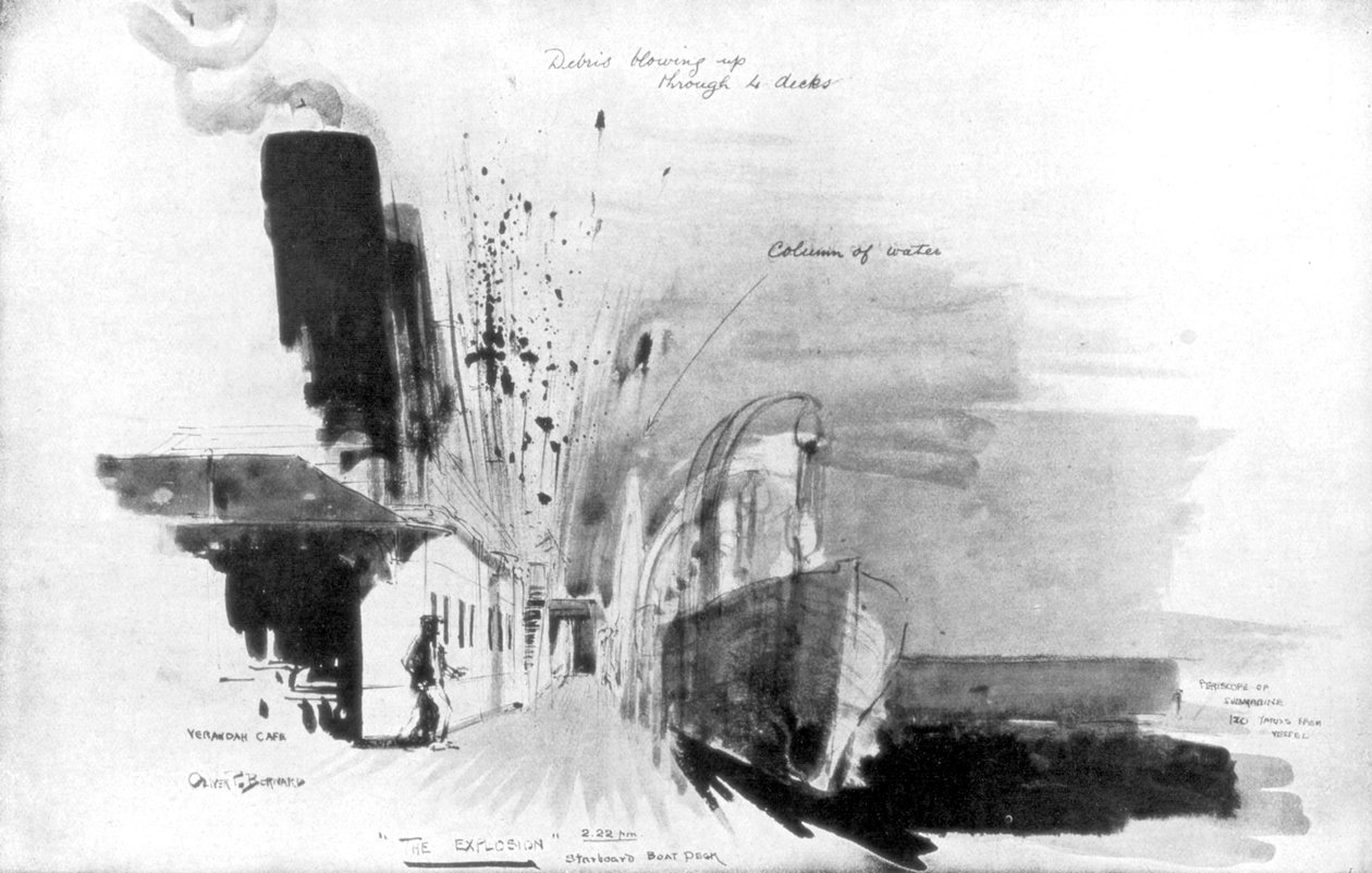 Abban a pillanatban, amikor a német U-20 tengeralattjáró torpedója eltalálta az RMS Lusitania, 1915. május 7. alkotó: Oliver Percy Bernard