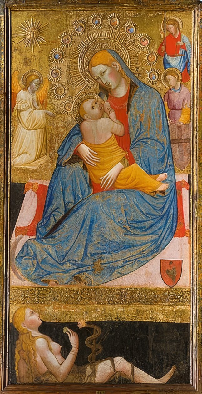 Az alázatosság Madonnája Éva megkísértésével. 1400 körül alkotó: Olivuccio di Ciccarello