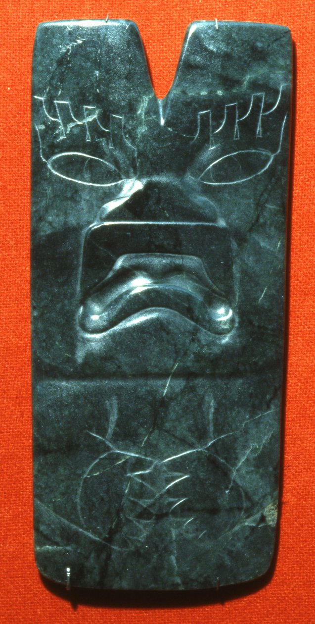 Hacha jaguár arcával, Preklasszikus időszak (jáde) alkotó: Olmec