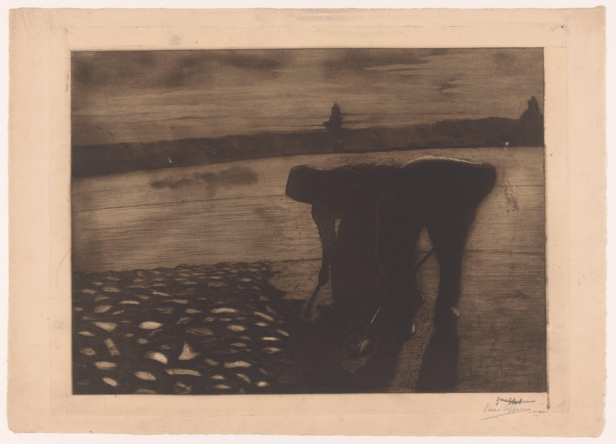 Férfi és nő éjszaka dolgoznak a folyó medrén alkotó: Omer Coppens (signed by artist)