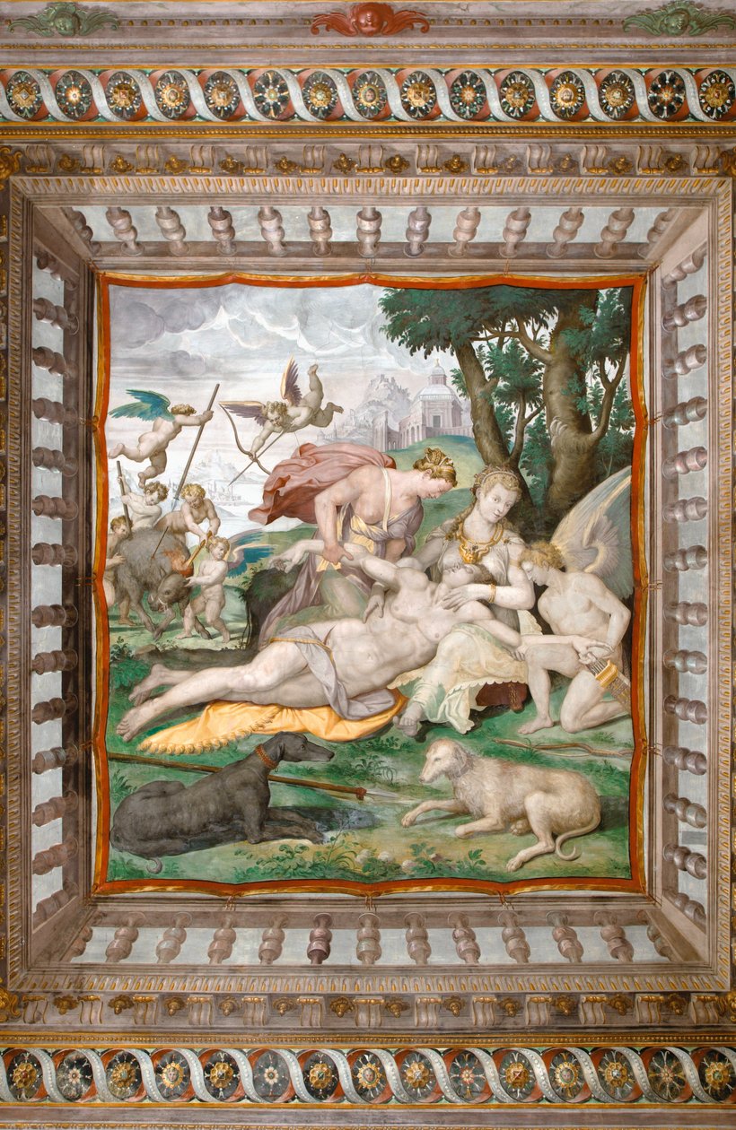 Adonis halála Adonis szobájának mennyezetéről, Rocca dei Rossi, San Secondo, Parma, Olaszország, 2384731 részlet alkotó: Orazio (attr.to) Samacchini