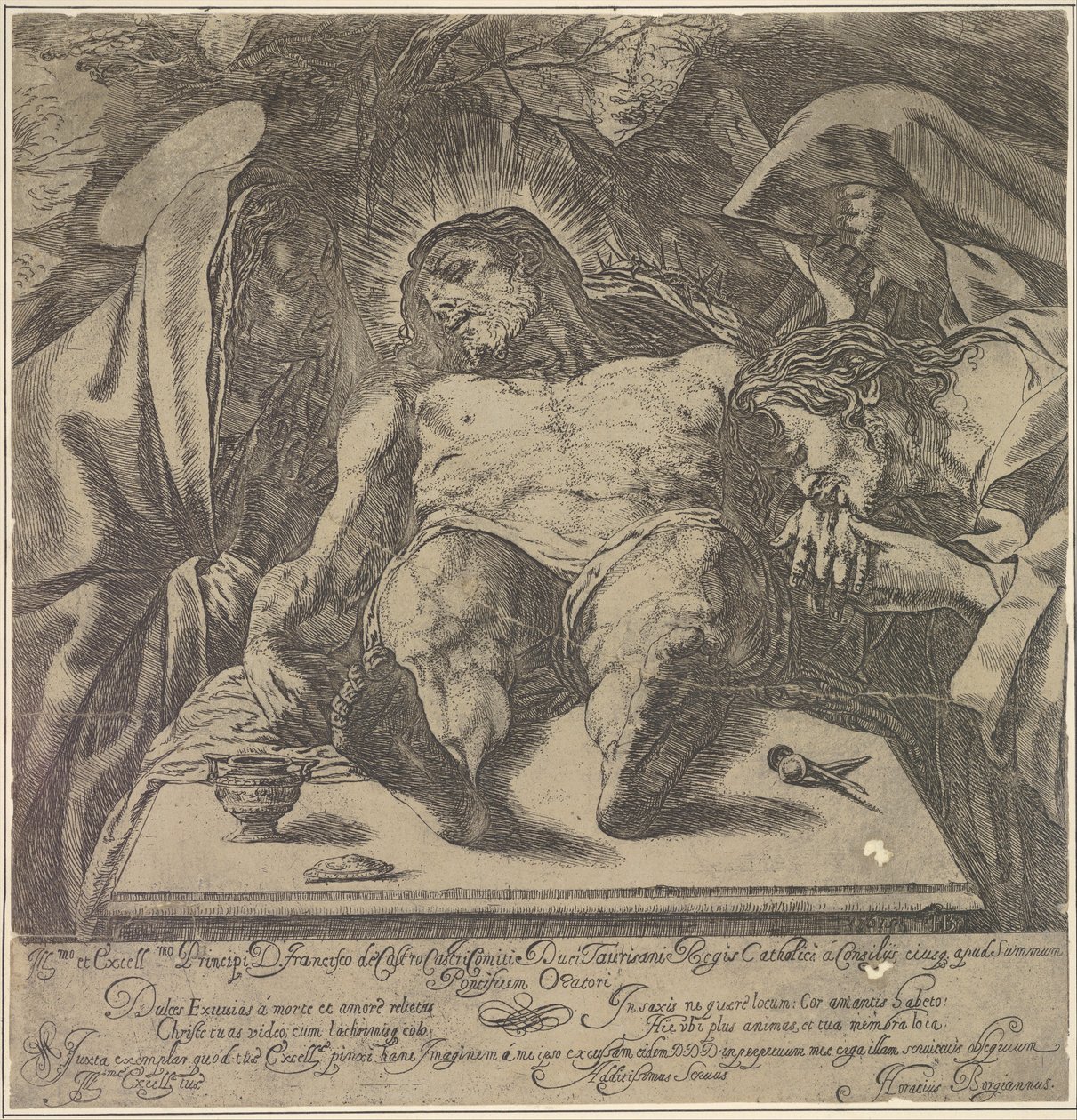 A három Mária siralma Krisztus teste felett, egy korsó kenőcs az asztalon ...-ig, 1615. alkotó: Orazio Borgianni