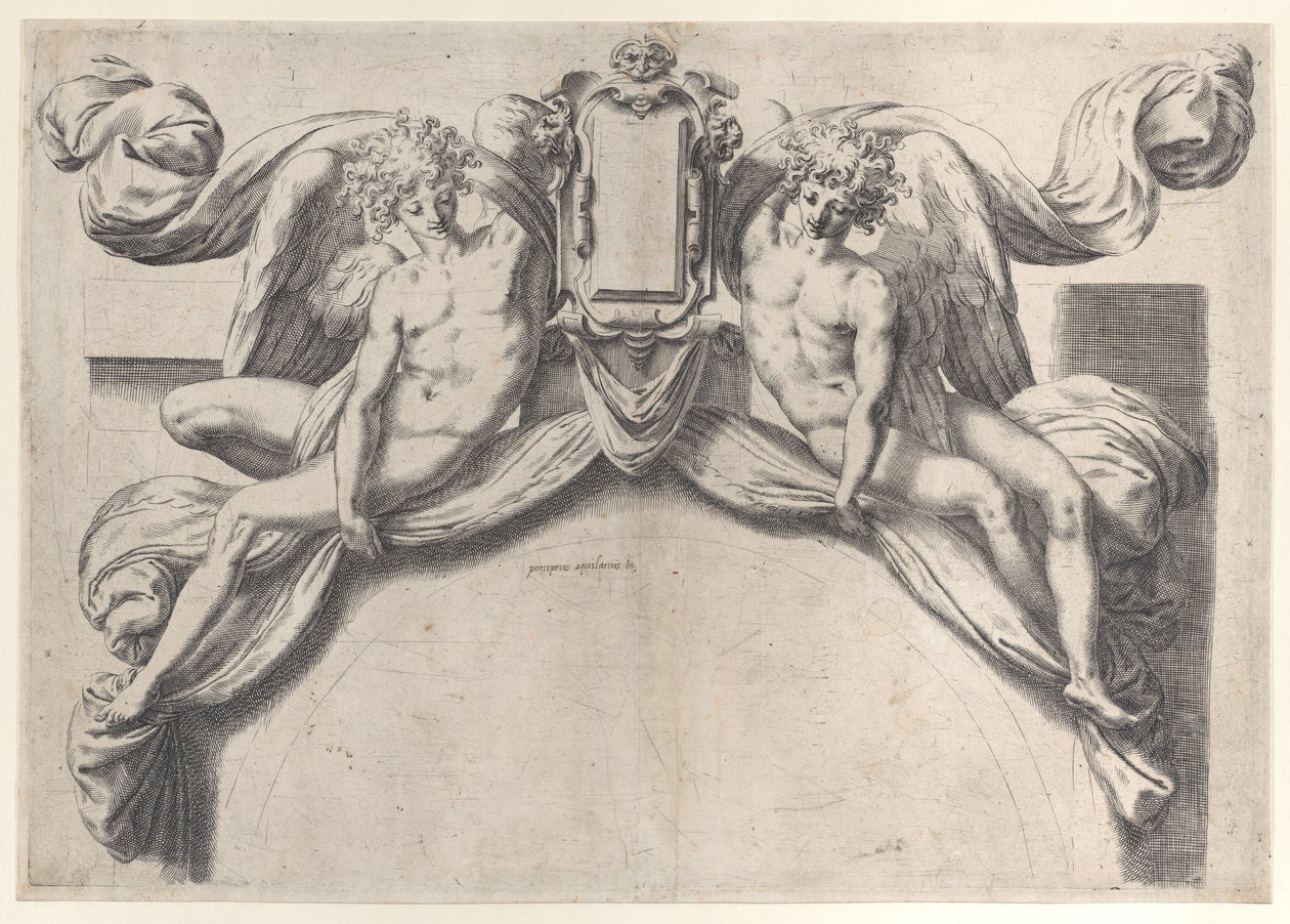 Két angyal egy kartont vagy pajzsot támogat, 1568-77., 1568-77. alkotó: Orazio de Sanctis