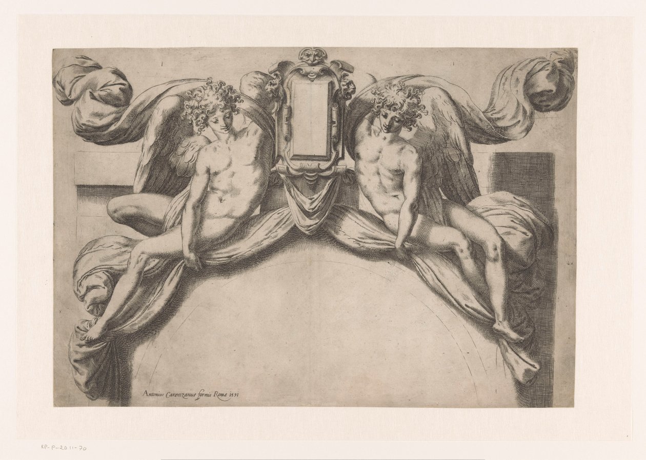 Kialakítás ajtókerethez, két zseni felfelé tartó kartusszal alkotó: Orazio de Santis (attributed to)