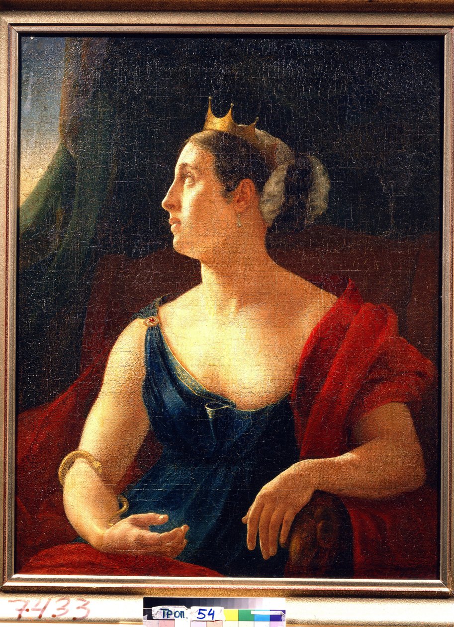 Ekaterina Szemjonova (1786-1849) színésznő portréja Klitemnestra szerepében, Euripidész Iphigenia a Aulis című darabjához. (E. Szemjonova színésznő portréja, Klitemnestra szerepében Euripidész Iphigeneia at Aulis című színházi darabjában). Festék alkotó: Orest Adamovich Kiprensky