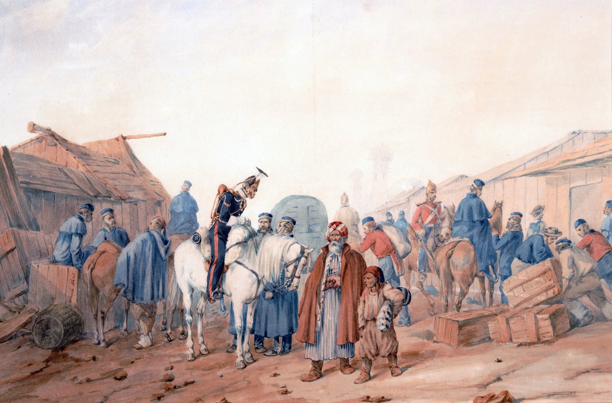 A brit hadsereg utánpótlási bázisa a Balaclava (Balaklava) kikötőben - Norie, Orlando (1832-1901) - 1854 - Akvarell papíron - 36,3x52,6 - Magángyűjtemény alkotó: Orlando Norie