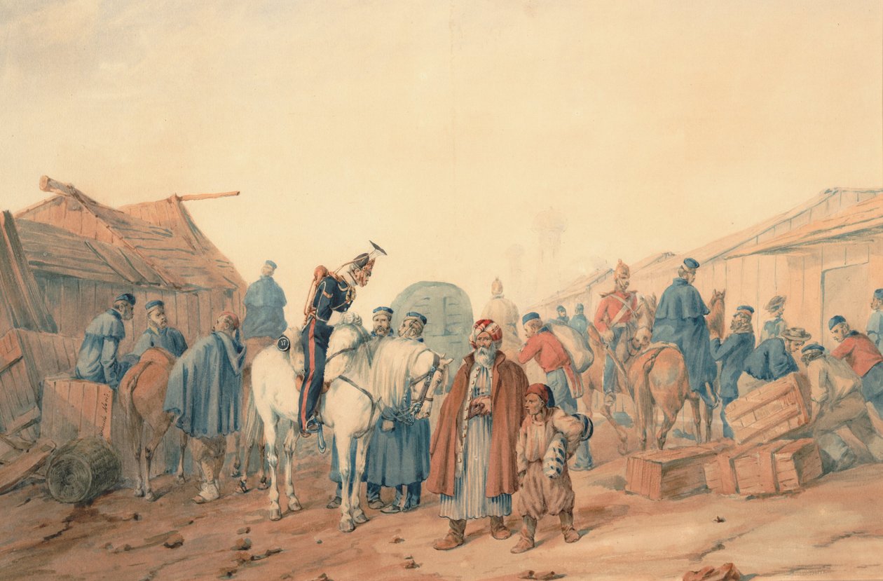 A brit hadsereg utánpótlási bázisa a Balaclava kikötőben, 1854 alkotó: Orlando Norie