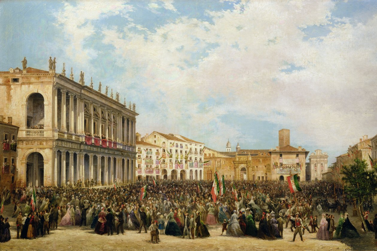 II. Viktor Emmánuel a Palazzo Chiericati erkélyéről mutatja meg magát Vicenza lakosságának, 1869 alkotó: Orsola Faccioli Licata