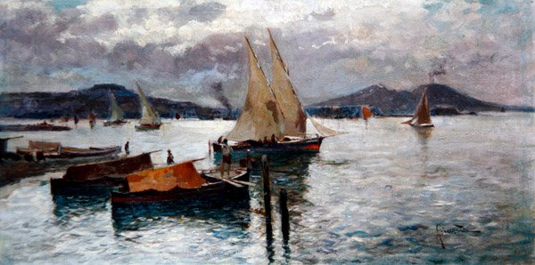A Nápolyi-öböl, 1900 körül (olaj a fedélzeten) alkotó: Oscar Ricciardi