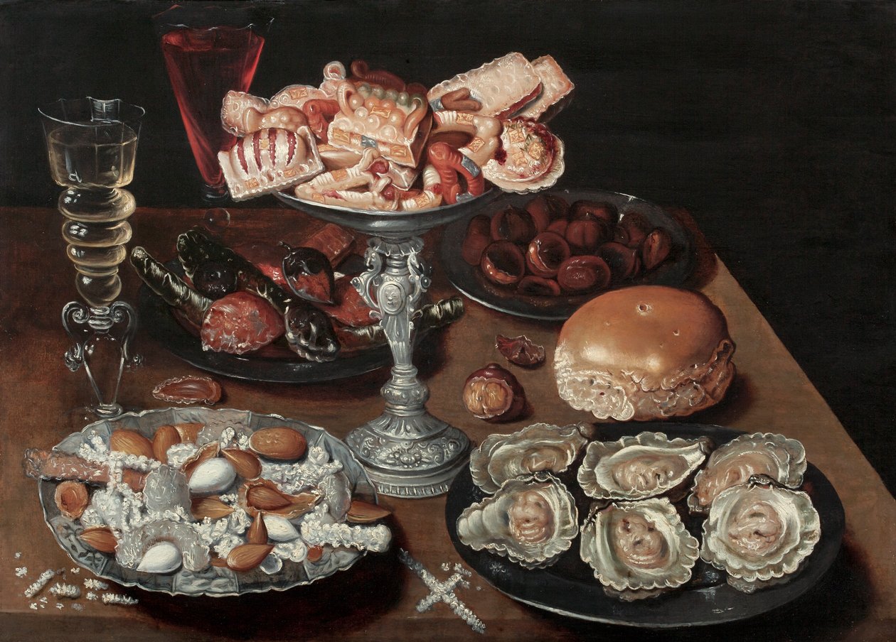 Mandula, osztriga, édességek, gesztenye és bor egy fából készült asztalon, 1605-30 körül alkotó: Osias the Elder Beert