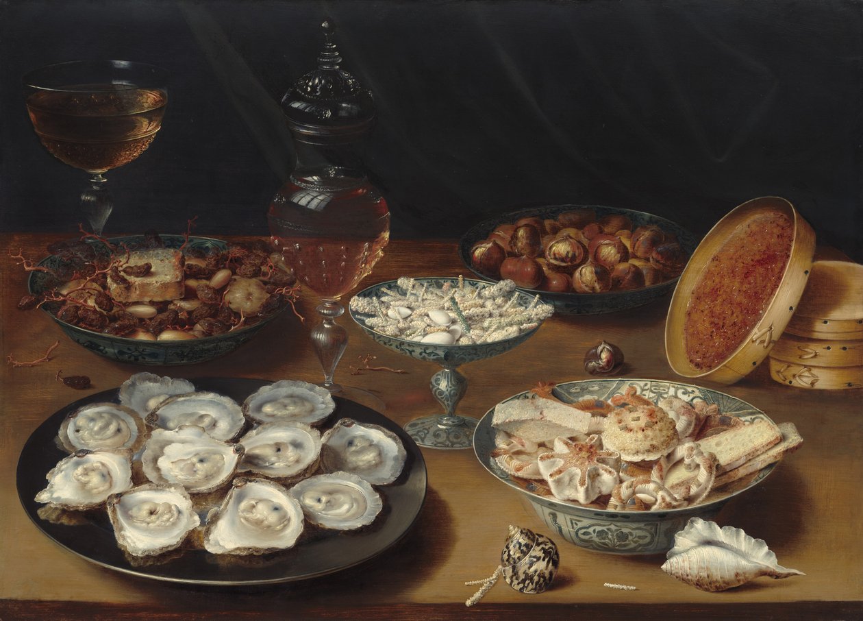Ételek osztrigával, gyümölccsel és borral, c. 16201625. alkotó: Osias Beert the Elder