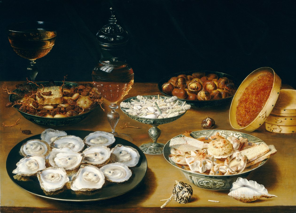 Ételek osztrigával, gyümölccsel és borral, 1620-25 körül (olaj, lemez) alkotó: Osias the Elder Beert
