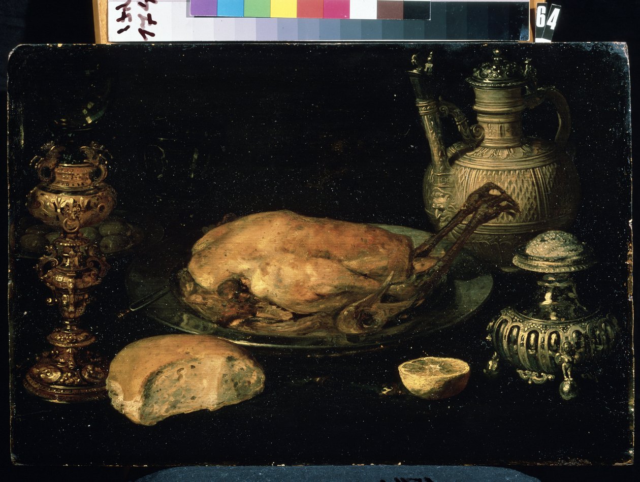 ""Csirke, citrom, kenyér, ezüst edények és olajlámpa csendélete"" (Csendélet) Idősebb Osias Beert festménye (1580-1624) 17. századi Mikhail Kroshitsky Művészeti Múzeum, Szevasztopol (Szevasztopol) Ukrajna alkotó: Osias the Elder Beert