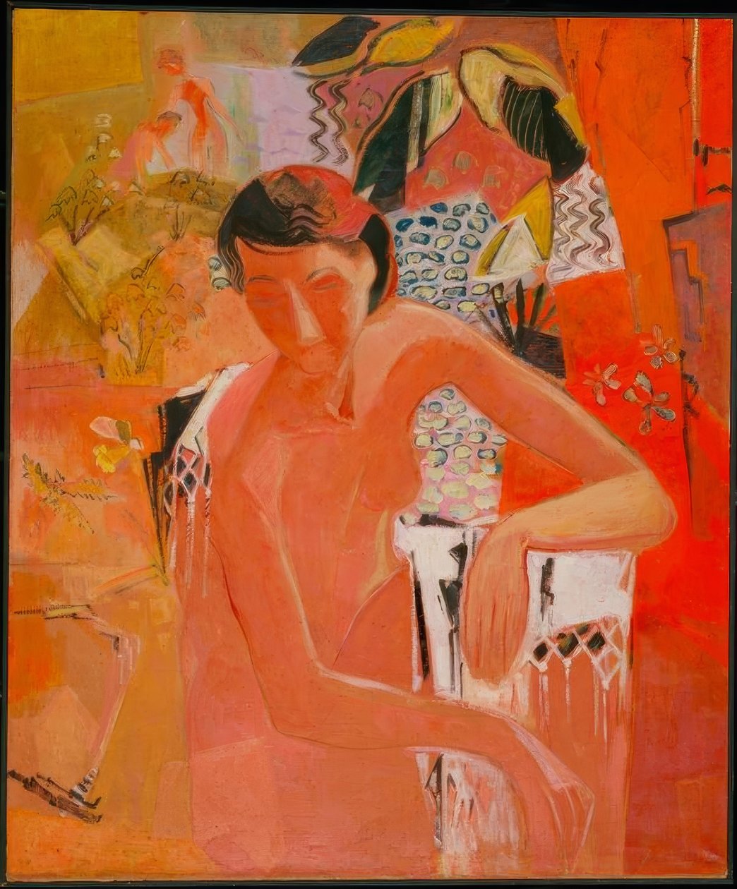 Badende mit Fransentuch – Fürdős rojtos kendővel. 1940 Vászon, 119 × 98,5 cm Ltsz. A 6/50 Museum am Ostwall, Dortmund, Németország alkotó: Oskar Moll