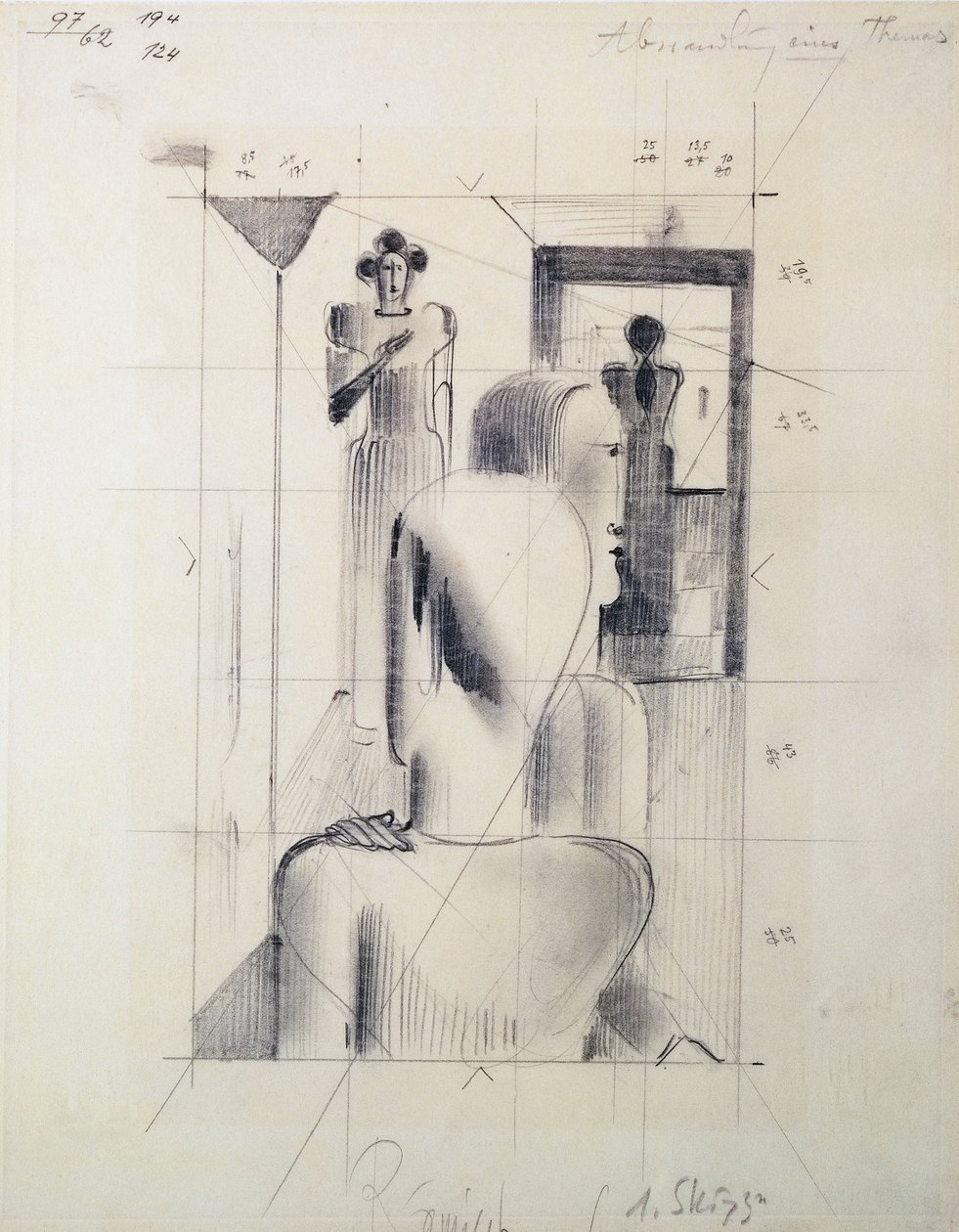 Számok egy szobában, Oskar Schlemmer (1888-1943), ceruza papíron. Németország, XX. század. alkotó: Oskar Schlemmer