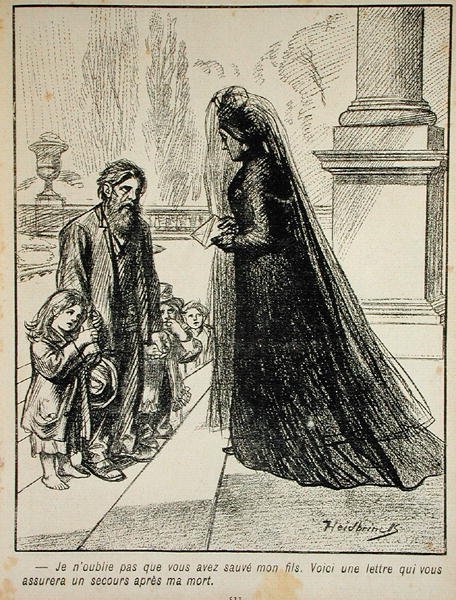 Nem fogom elfelejteni, hogy megmentetted a fiamat. Itt egy levél, amely biztosítja, hogy halálom után is gondoskodni fognak rólad., lAssiette au Beurre, 1901. alkotó: Oswald after Heidbrinck
