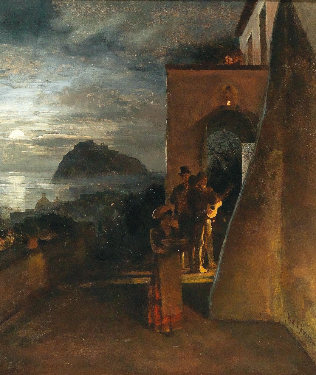 Esti szerenád Ischia szigetén, a háttérben a Castello Aragonese kastély alkotó: Oswald Achenbach