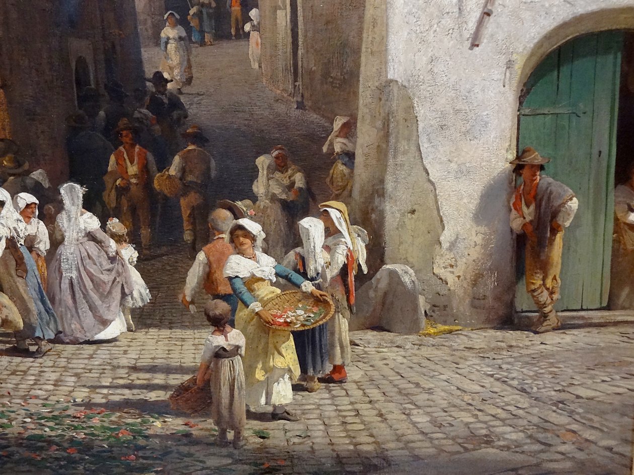 Német: Fest in Genazzano
Galíciai: Fesztivál Genazzanóban
Francia: Une fête à Genazzano
Cseh: Slavnost v Genazzanu
Dán: Egy buli Genazzanóban alkotó: Oswald Achenbach