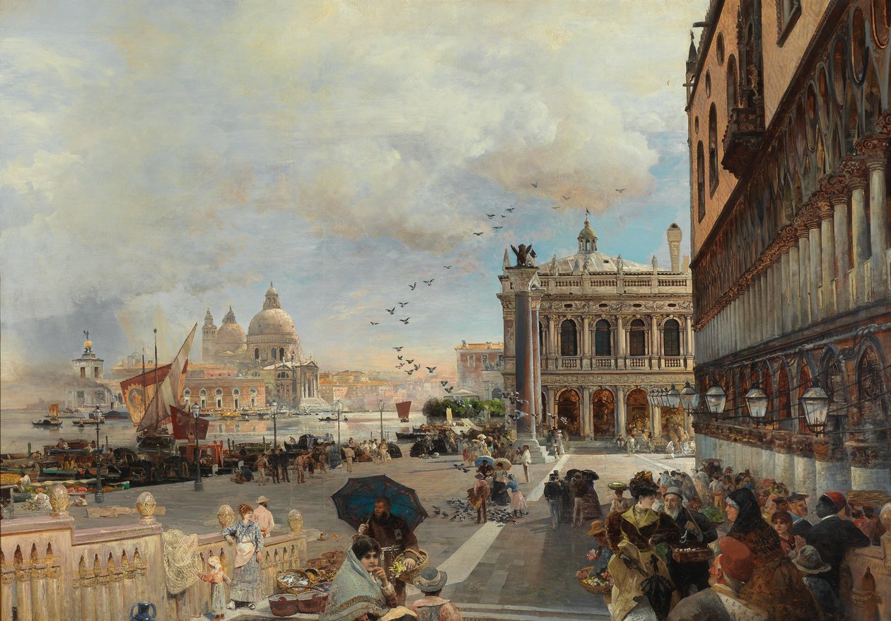 Velence, a Piazzetta, a Biblioteca Marciana, a Santa Maria della Salute és a Dogana látképe alkotó: Oswald Achenbach