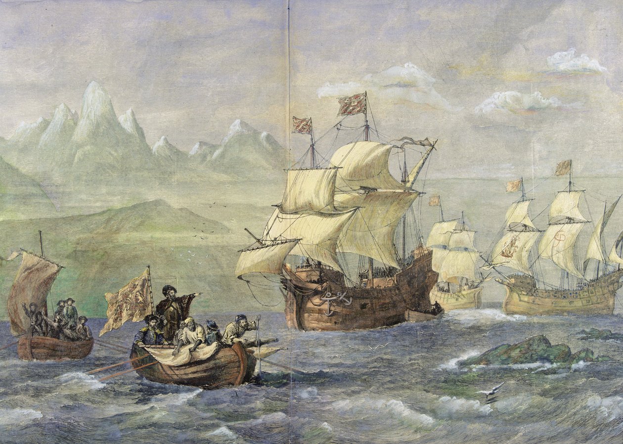 A Magellán-szoros felfedezése (színes metszet) alkotó: Oswald Walters Brierly