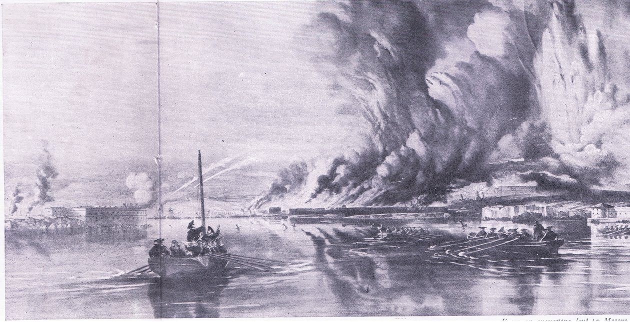Szevasztopol eleste és az oroszok visszavonulása, 1855. szeptember 8., illusztráció a brit szárazföldi és tengeri csatákból, 1915 alkotó: Oswald Walters Brierly