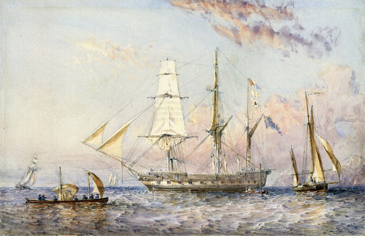 A HMS "Csörgőkígyó" hajó (1822). Sir Oswald Walter Brierly (1817-1894) 1853-as akvarellje. alkotó: Oswald Walters Brierly