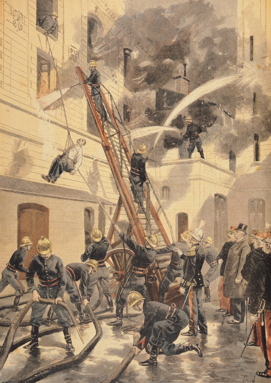 Felix Faure (1841-99) a tűzoltókkal, a "Le Petit Journal" 1898. február 20-i számából. alkotó: Oswaldo Tofani