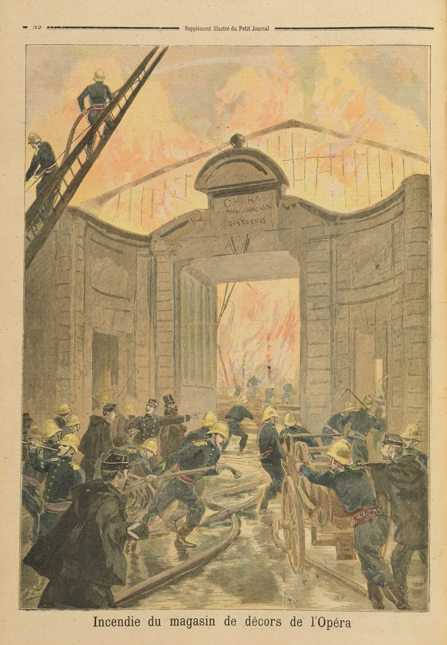 Tűz az Opera de Paris Scene Dockjában, a Le Petit Journalból, 1894. január 22. alkotó: Oswaldo Tofani