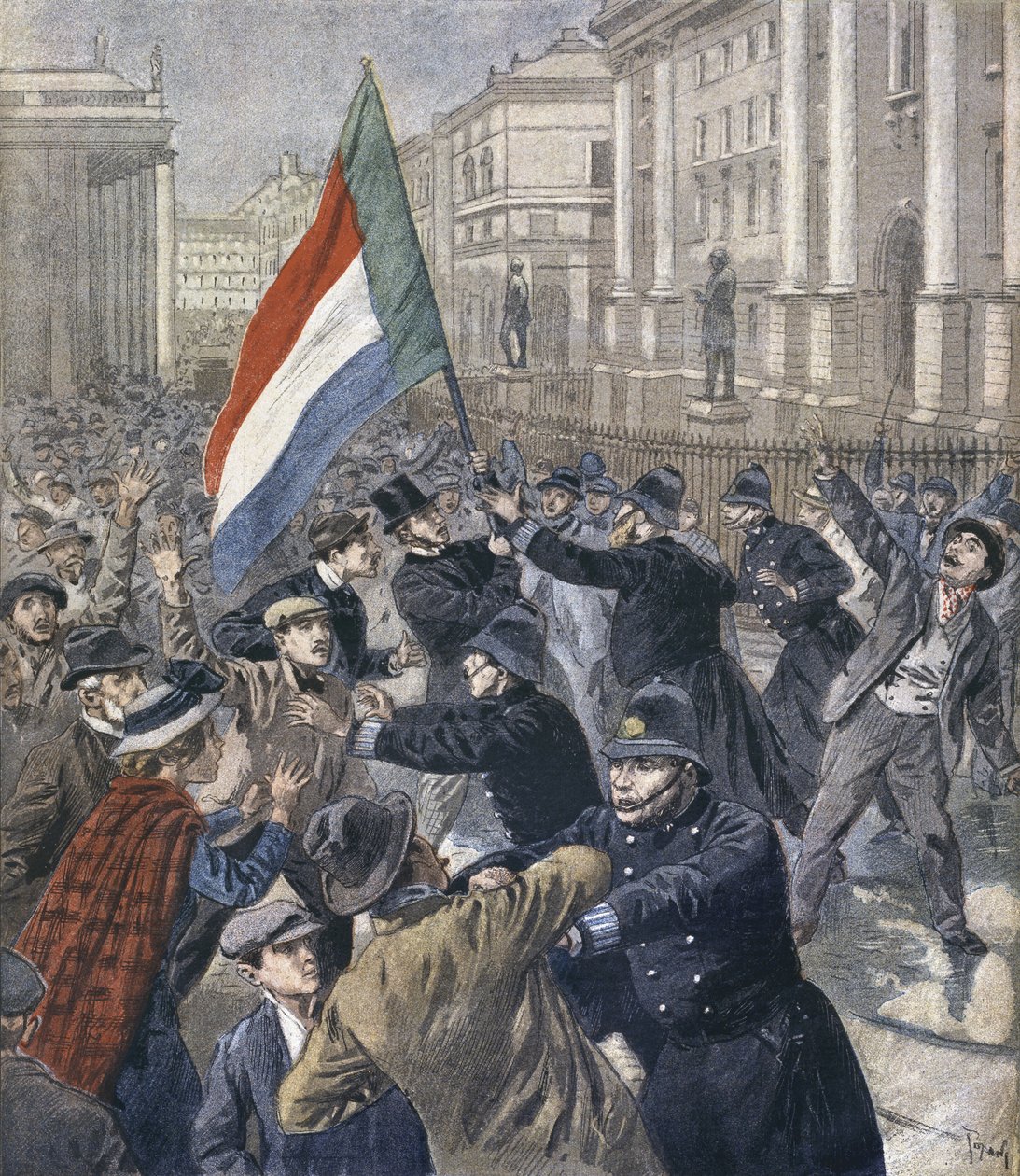 Írország, tüntetés Chamberlain ellen, illusztráció a „Le Petit Journal: Supplement illustre” című kiadványból, 1899. december 31. alkotó: Oswaldo Tofani
