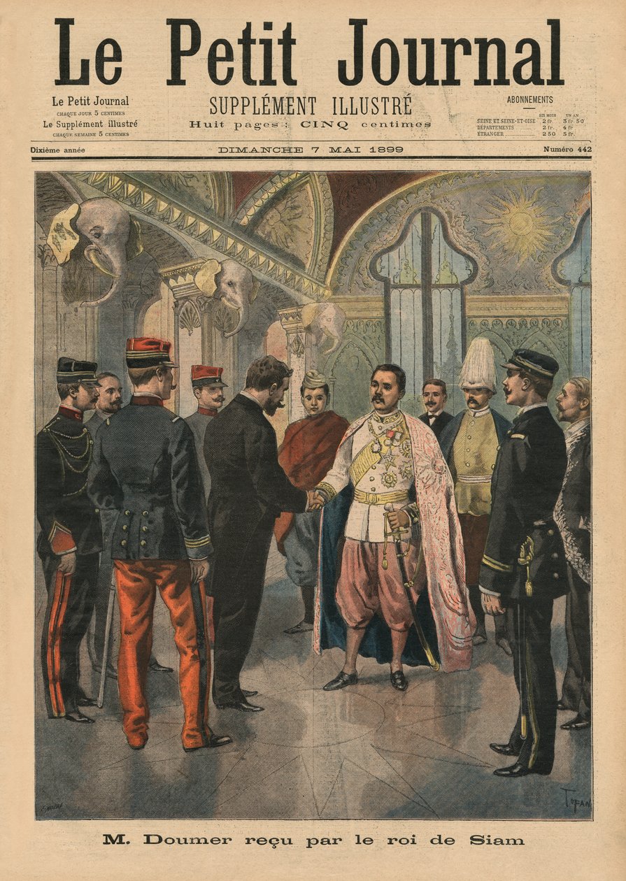 Paul Doumer, Indokína főkormányzója, akit V. Rama Chulalongkorn, Sziám királya fogad Bangkokban, , címlapillusztráció a "Le Petit Journal", Supplement Illustre, 1899. május 7. (színes). alkotó: Oswaldo Tofani