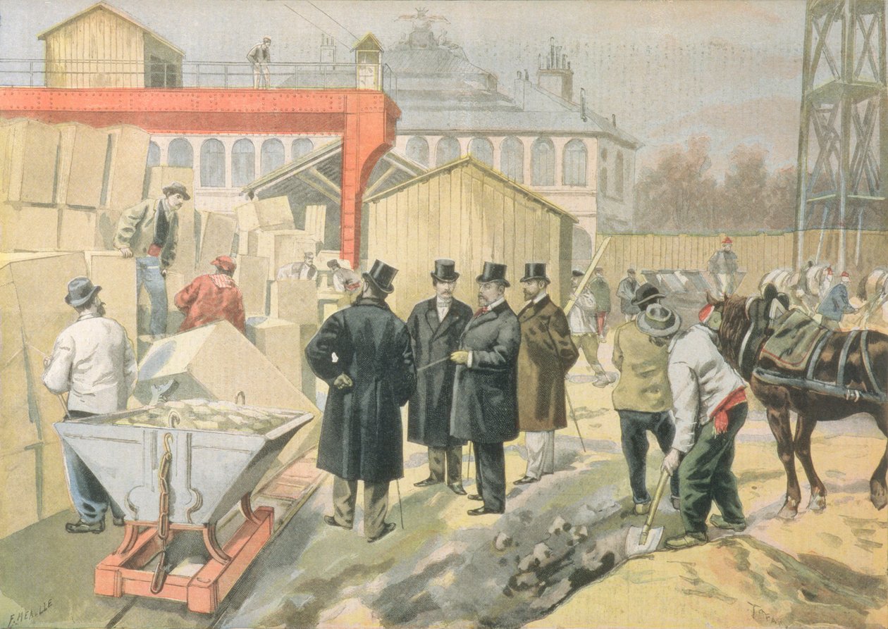 A walesi herceg (1841-1910) látogatása az 1900-as világkiállítás építkezésén, a "Le Petit Journal" 1898. március 20-i számából. alkotó: Oswaldo Tofani