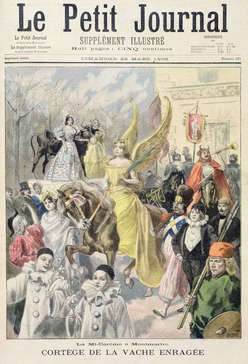 Címlap a veszett tehén körmenetét ábrázoló nagyböjt közepén Montmartre-ban, illusztráció a Le Petit Journal illusztrált mellékletéből, 1896. március 22. alkotó: Oswaldo Tofani