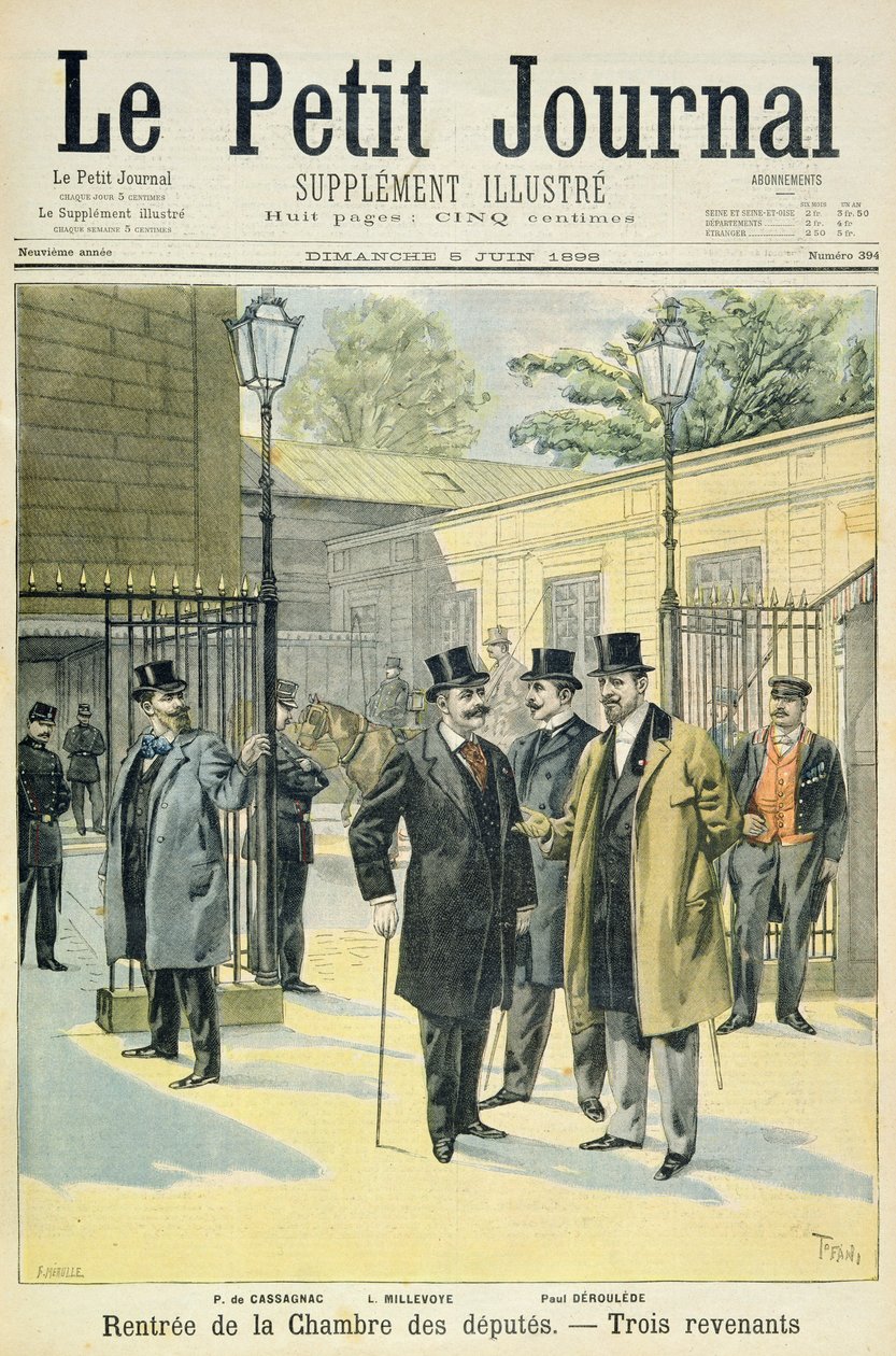 Címoldal, amely a képviselőház újranyitását ábrázolja Paul Granier de Cassagnac, Lucien Millevoye és Paul Deroulede társaságában, illusztráció a Le Petit Journal illusztrált mellékletéből, 5. J alkotó: Oswaldo Tofani