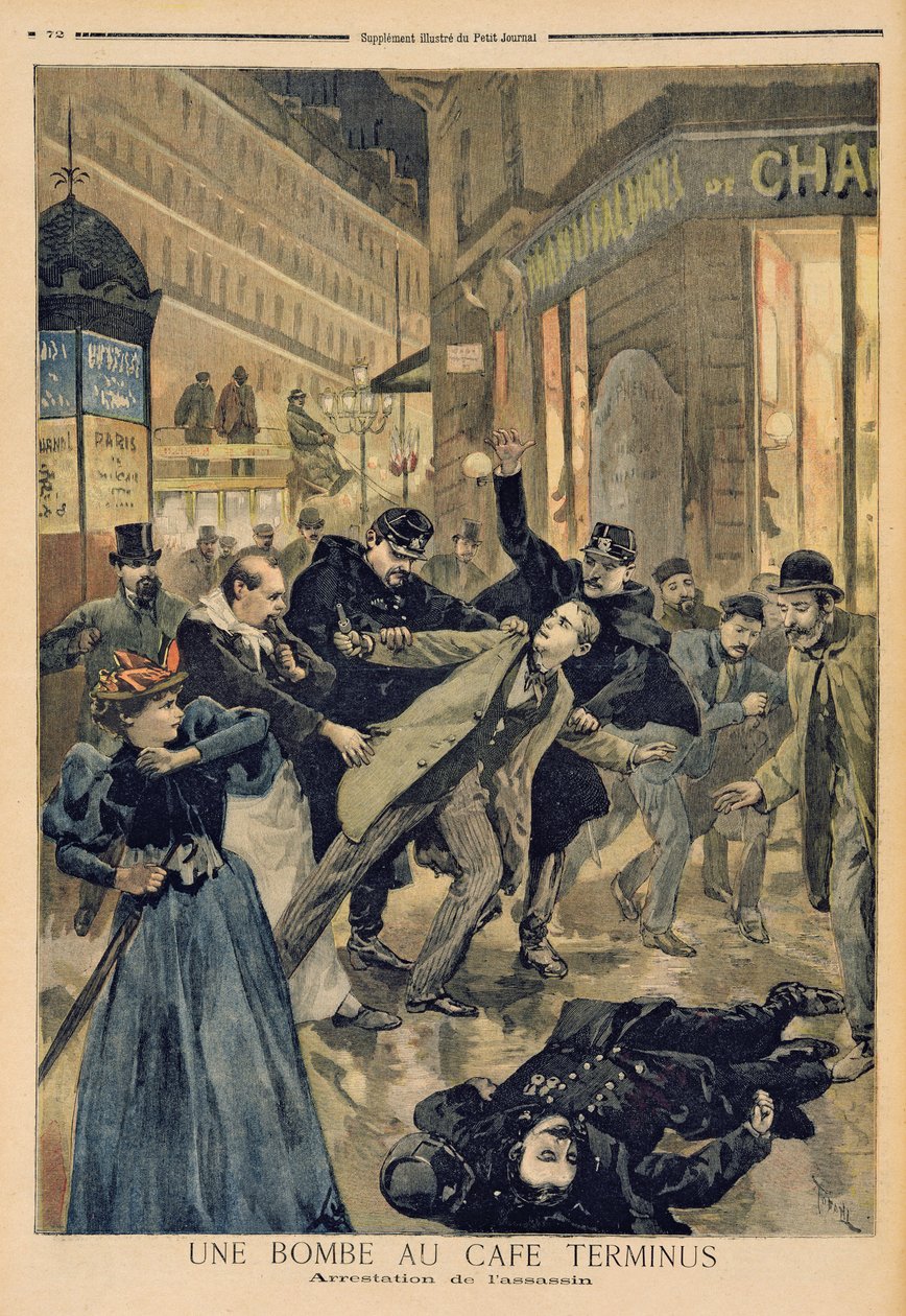 Bomba a Cafe Terminusban, az Assassin letartóztatása, illusztráció a „Le Petit Journal”-ból, 1894. február 26. alkotó: Oswaldo Tofani