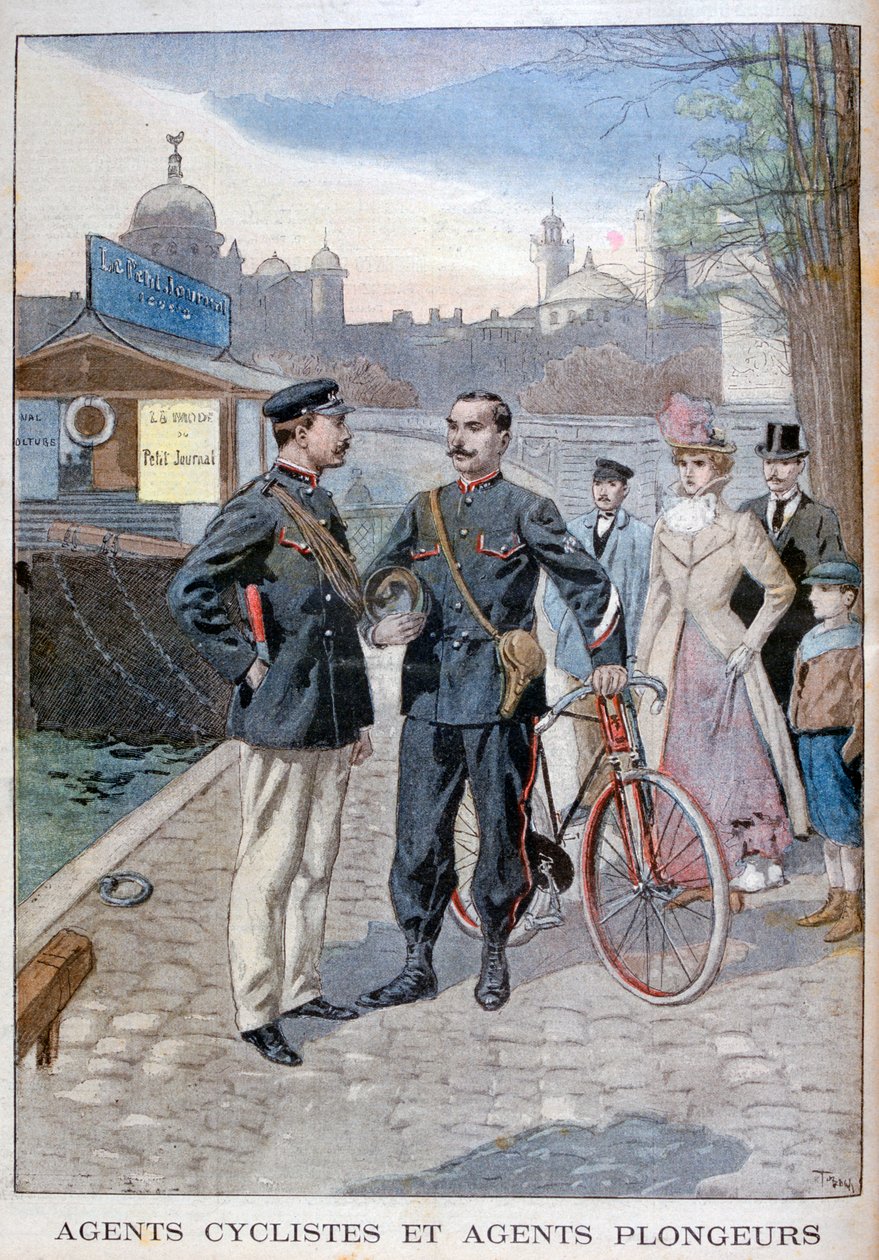 Egy kerékpáros és vízi rendőr, Párizs, 1900 alkotó: Oswaldo Tofani