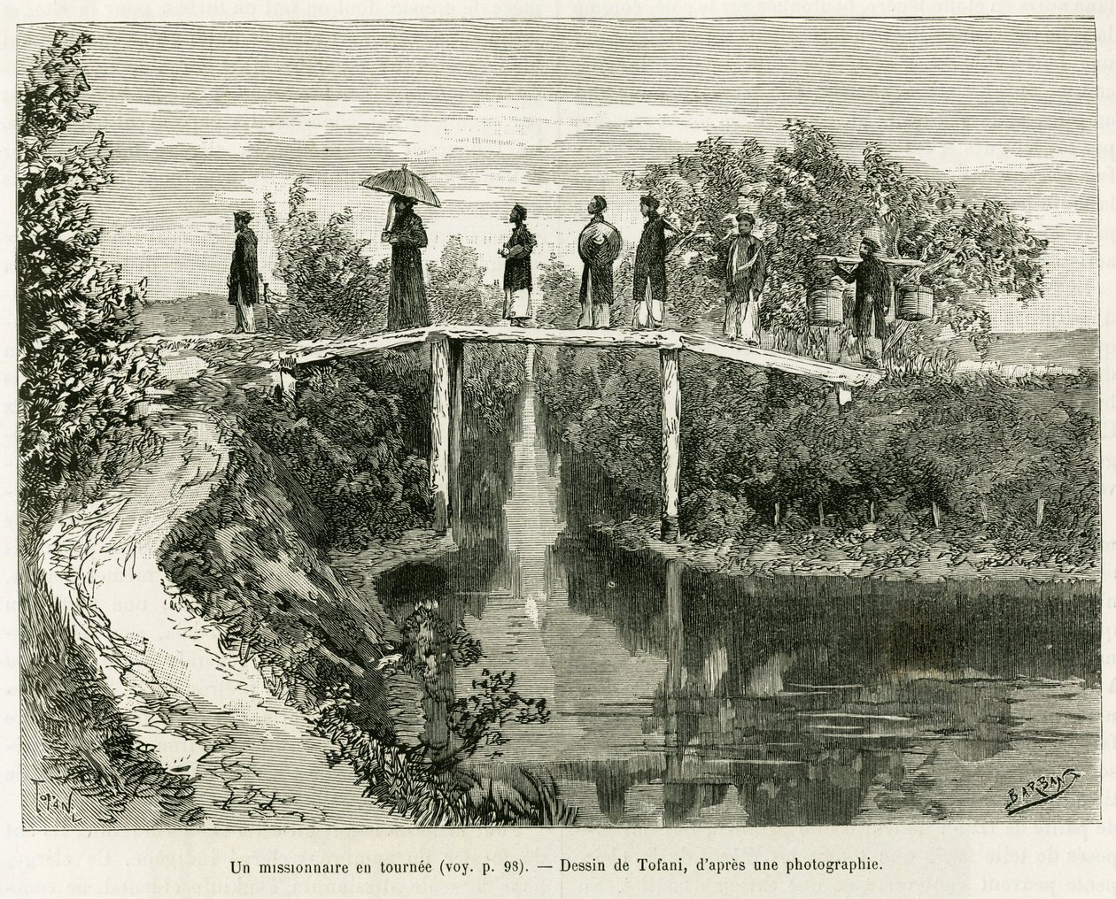 Egy misszionárius viszont. Tofani metszet a Trente mois au Tonkin című történet illusztrálására 1884-ben, Doctor Paul Hocquard, in le tour du monde 1890, Edouard Charton (1807-1890) irányítása alatt, Hachette, Párizs. alkotó: Oswaldo Tofani
