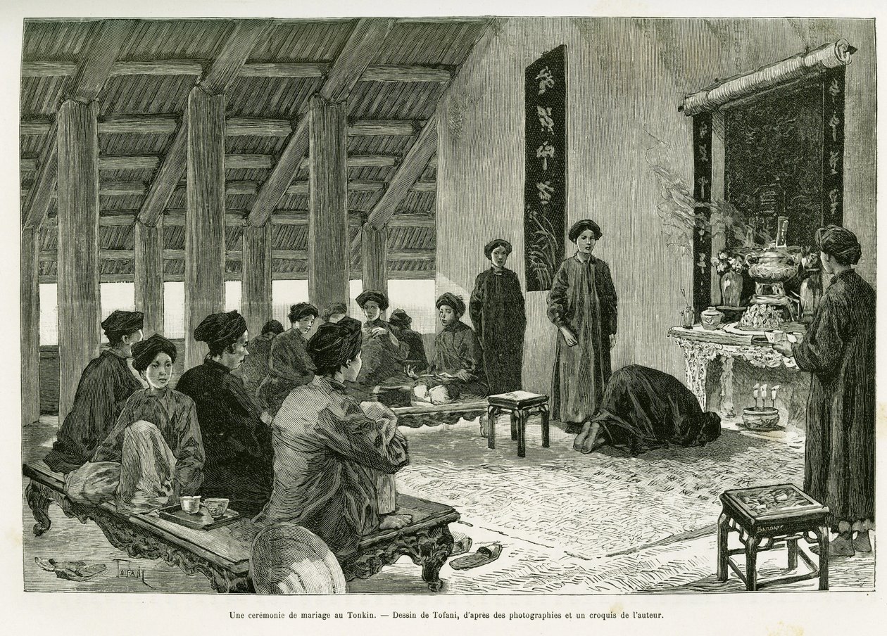 Esküvői szertartás Tonkinban. Tofani metszet a Trente mois au Tonkin című történetének illusztrálására, 1884-ben, Dr. Paul Hocquard, in le tour du monde 1890, Edouard Charton (1807-1890) irányításával, Hachette, Párizs. alkotó: Oswaldo Tofani