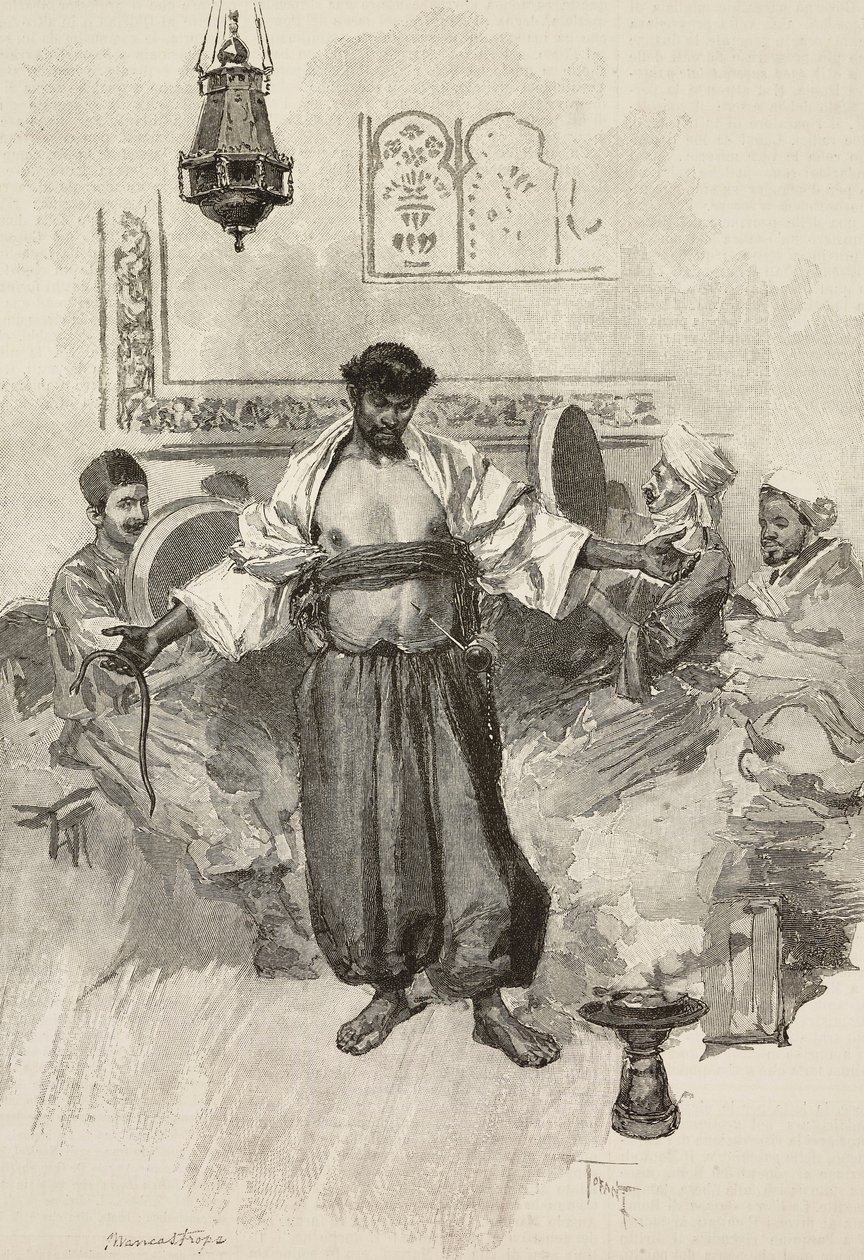 Aissawa tánc, marokkói vallási testvériség, az 1889-es egyetemes kiállításon, Párizs, Franciaország, E Mancastroppa metszet Osvaldo Tofani rajzából a L