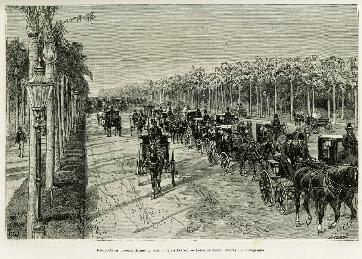 Buenos Aires, Sarmiento sugárút, Három Február Park. Tofani metszet, a Voyage a la Plata című történet illusztrálására 1886-ban, Emile Daireaux, in le tour du monde 1888, rendező: Edouard Charton (1807-1890), Hachette, Párizs. alkotó: Oswaldo Tofani