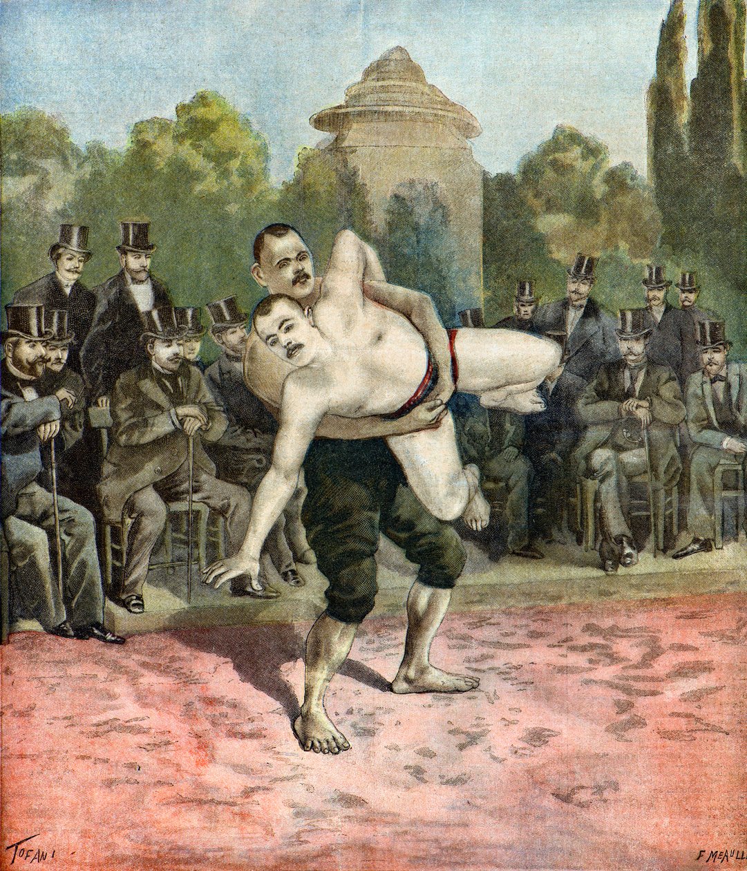 Pierri és Usouf Ismaillolo birkózók bemutatója,1895 (Illusztráció) alkotó: Oswaldo Tofani