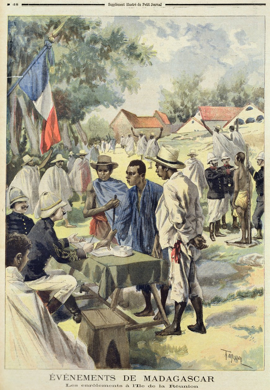 Bennszülöttek sorozása La Reunion szigetén, a Le Petit Journalból, 1895. február 10. alkotó: Oswaldo Tofani