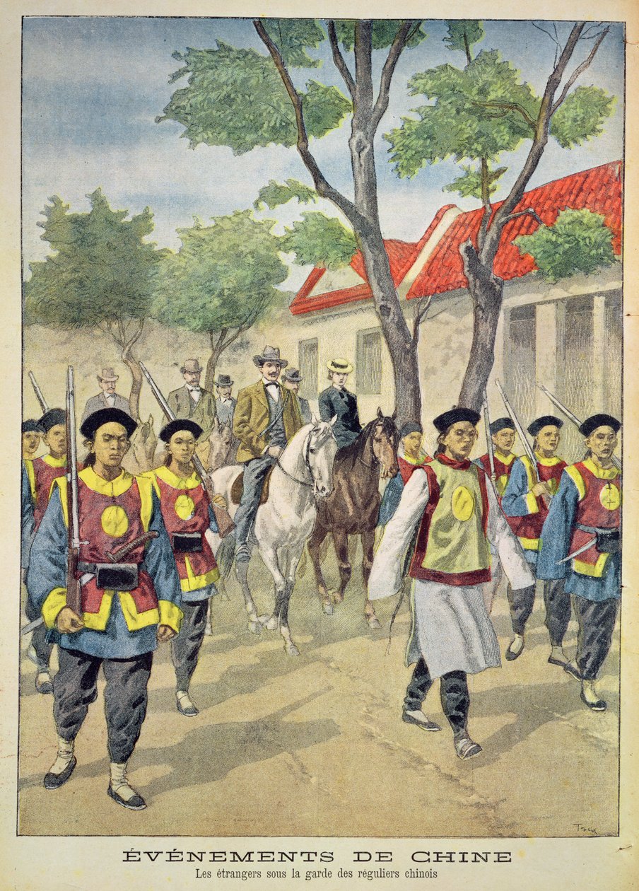 Európai külföldiek kínai reguláris katonák fegyveres kíséretében az 1899-1901-es boxerlázadás idején, illusztráció a „Le Petit Journal”-ból, 1900. július 18. alkotó: Oswaldo Tofani