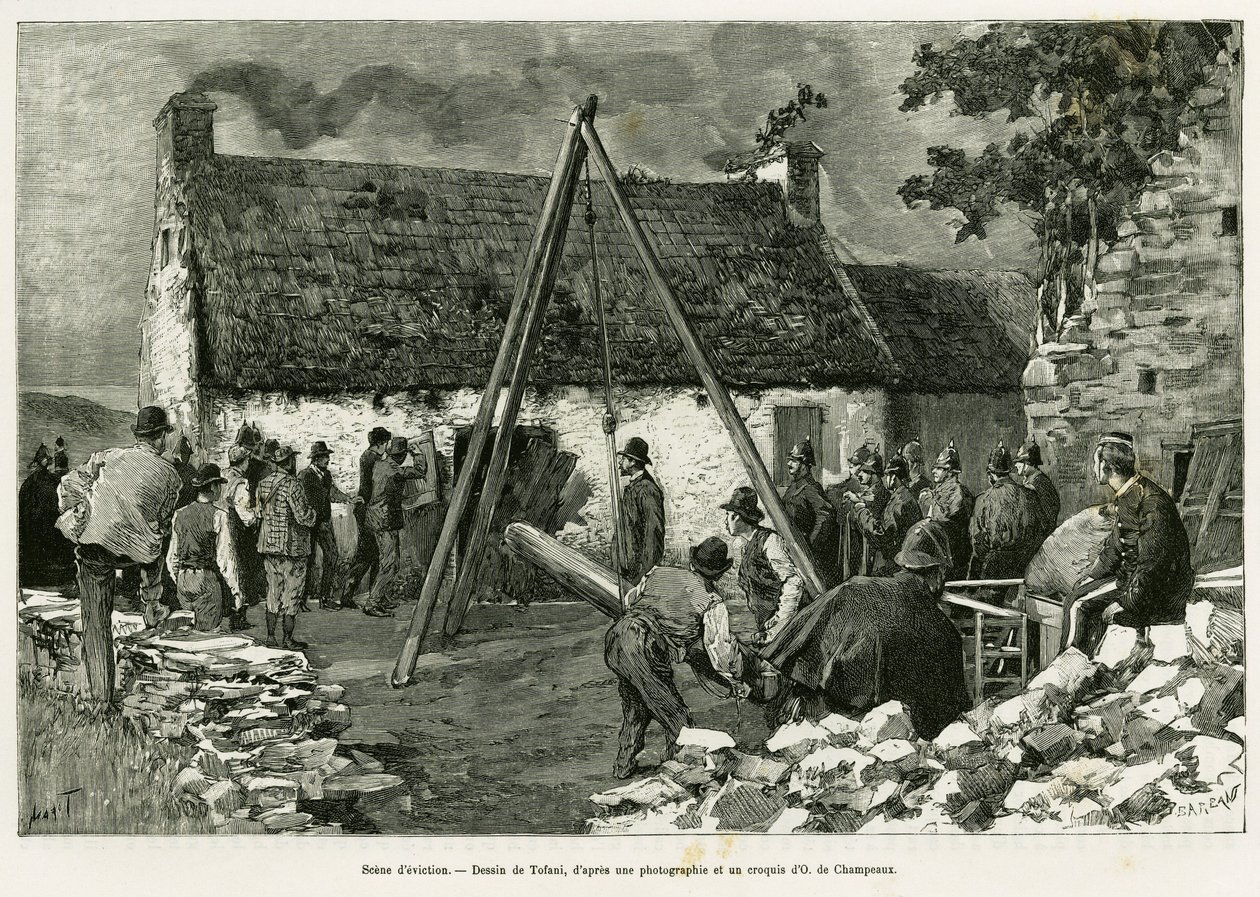 Kilakoltatási jelenet. Tofani metszet a Három hónap Írországban című történet illusztrálására, 1889-ben, Marie Anne de Bovet, in le tour du monde 1890, rendező: Edouard Charton (1807-1890), Hachette, Párizs. alkotó: Oswaldo Tofani