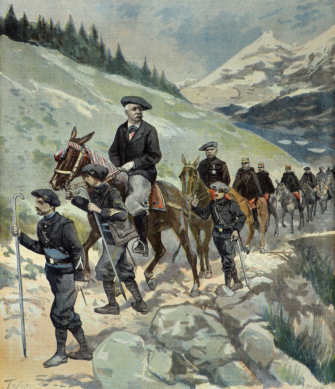 Felix Faure alpesi vadászokkal egy alpesi kiránduláson 1897-ben (metszet) alkotó: Oswaldo Tofani
